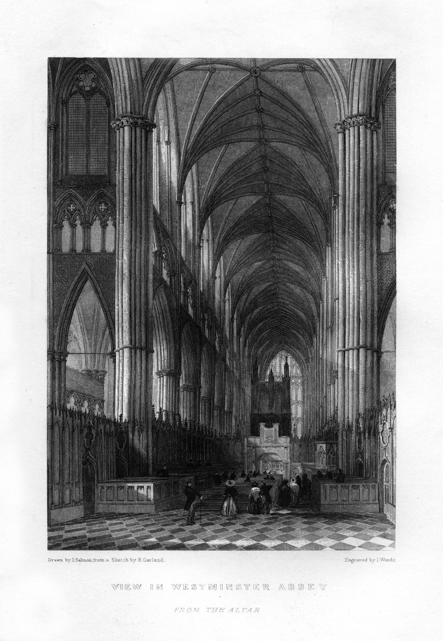 Westminster Abbey vanaf het altaar, Londen, 19e eeuw door J. Woods