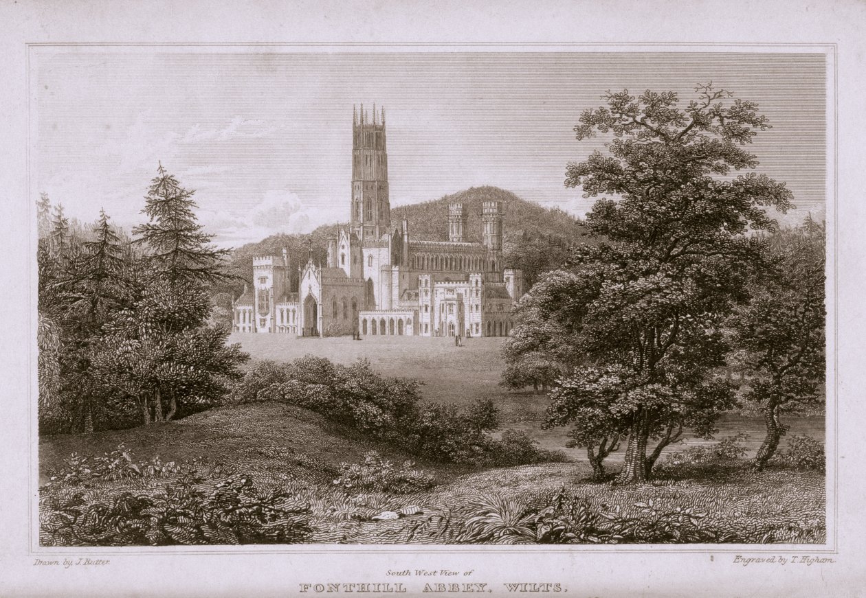 Zuidwestelijk uitzicht op Fonthill Abbey, gegraveerd door T. Higham, 1823 door J. after Rutter