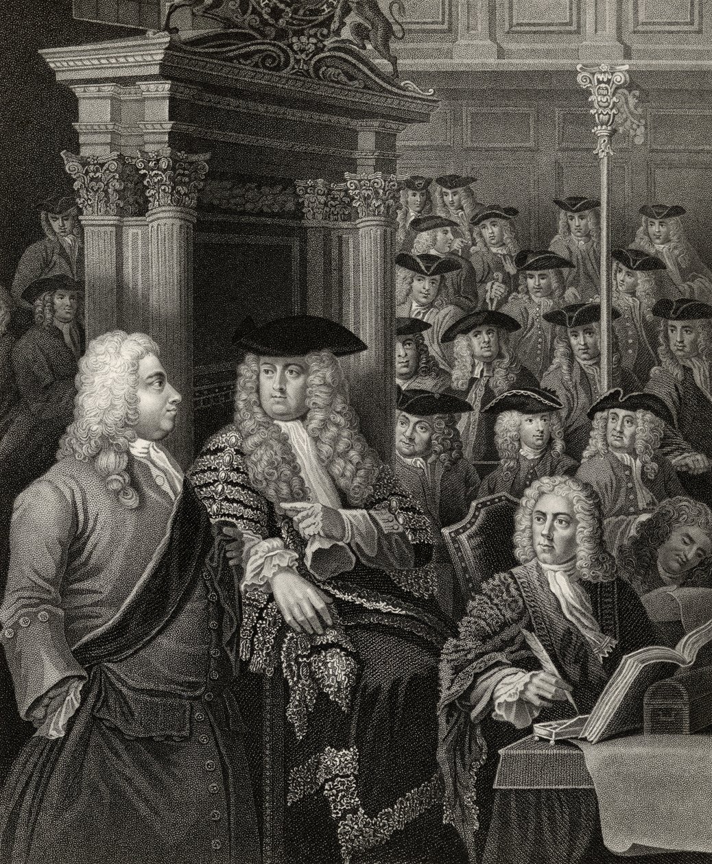 Het Lagerhuis tijdens de administratie van Sir Robert Walpole, gegraveerd door R. Page, uit 