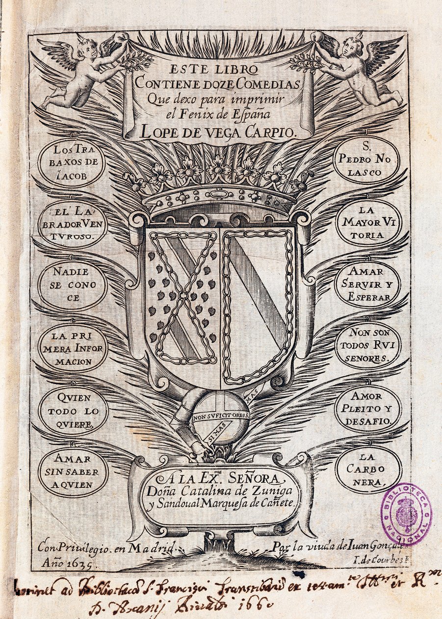 Half-titelpagina van verzameling van twaalf komedies door Felix Lope de Vega Carpio (1562-1635) door J. de (after) Courbes