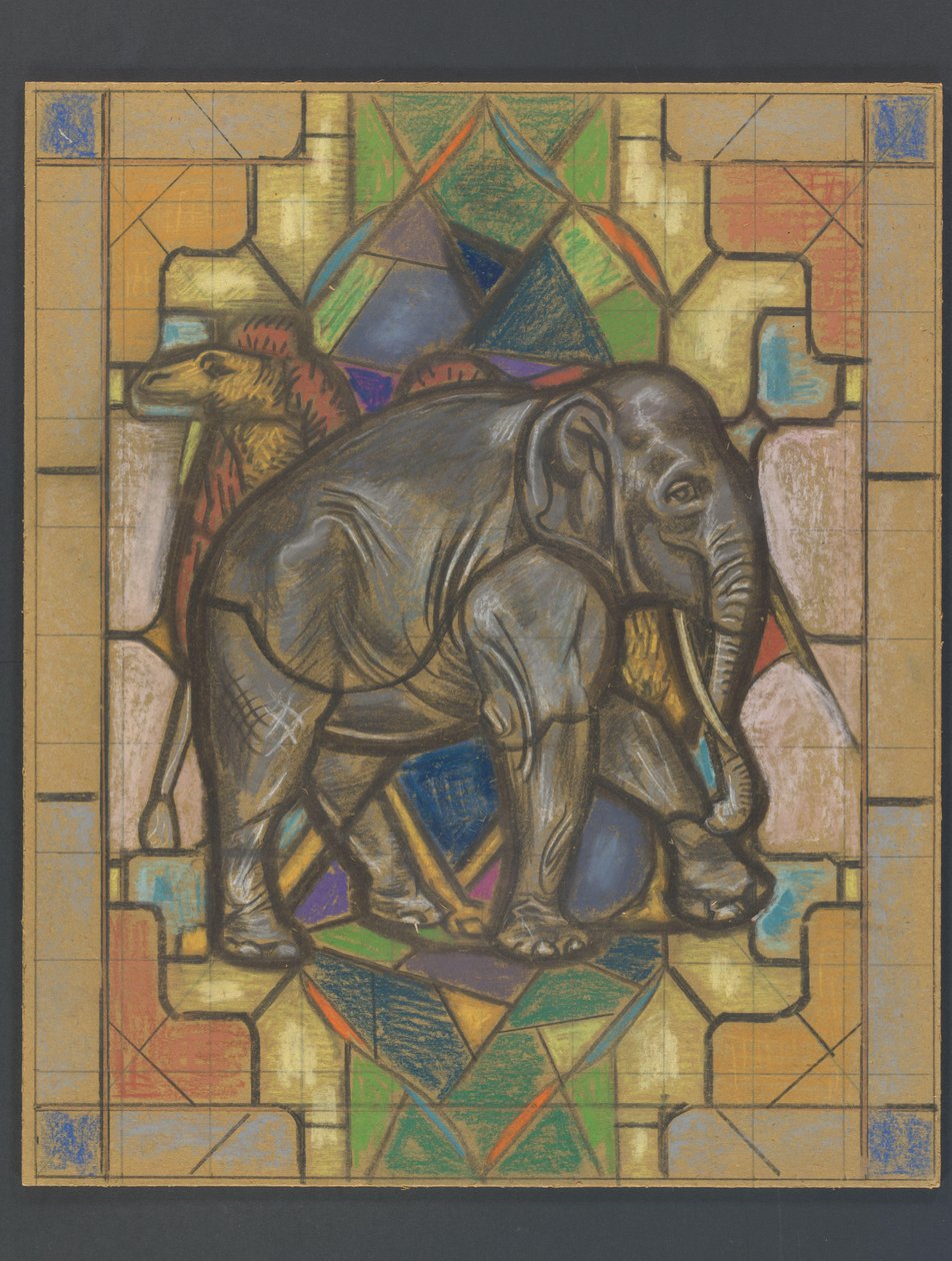 Ontwerp voor een glas in loodraam met een olifant en kameel door Jaap Weyand