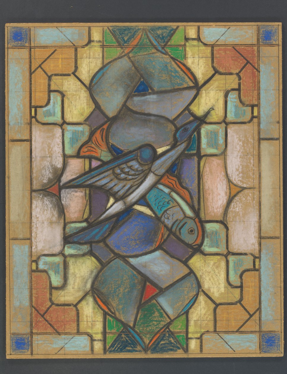 Ontwerp voor een glas in loodraam met een vogel en vis door Jaap Weyand