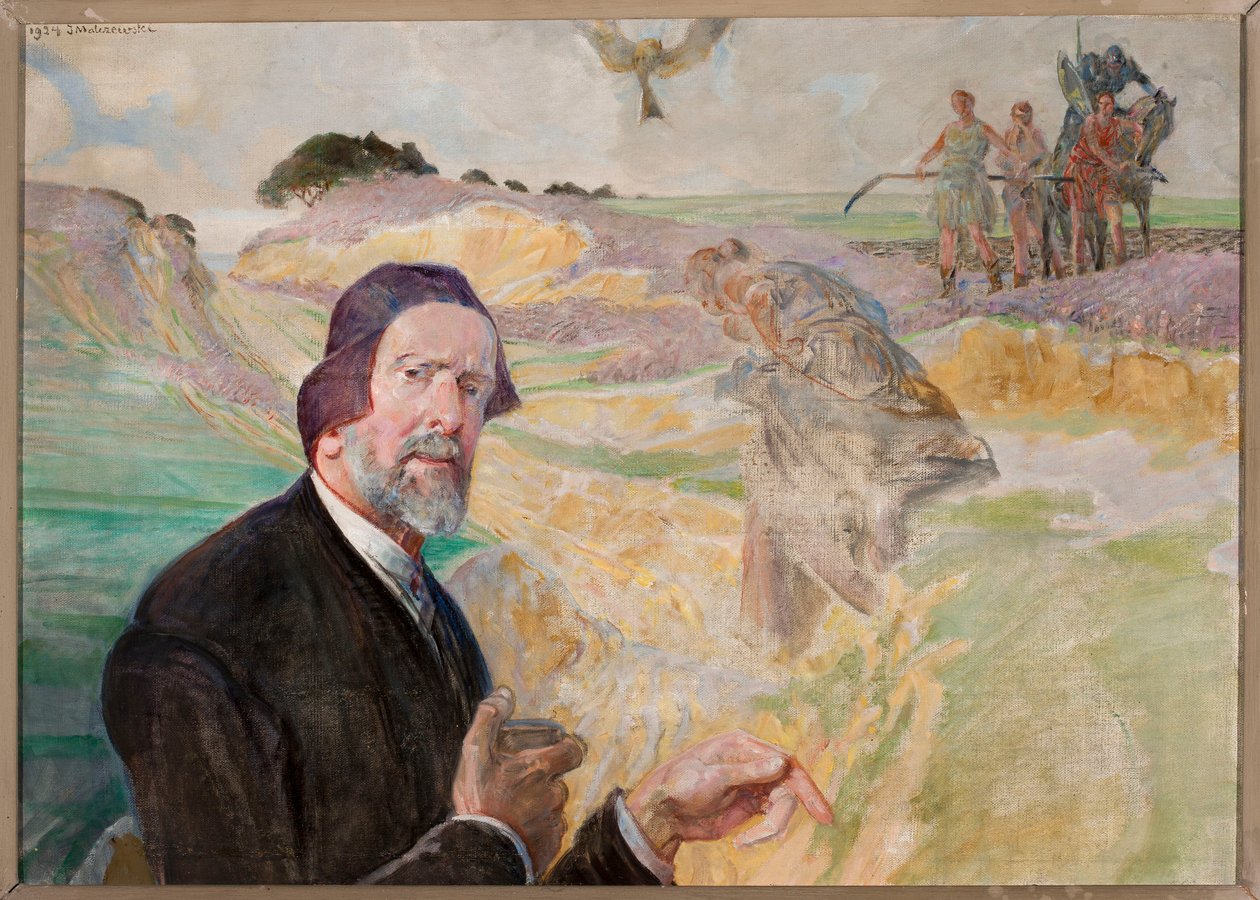 Zelfportret tegen de achtergrond van een Poolse weg door Jacek Malczewski