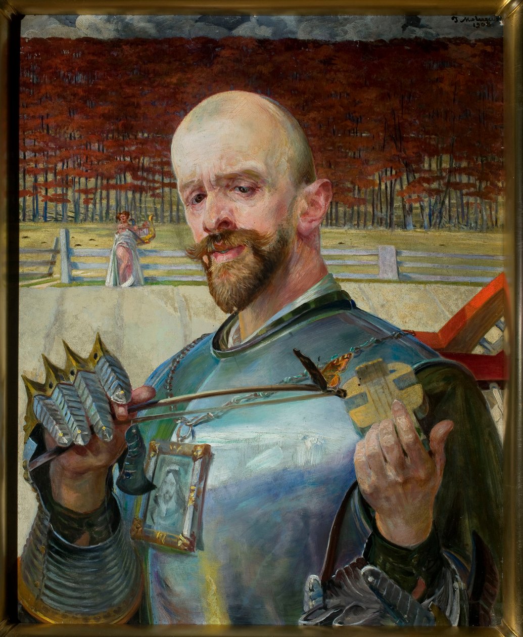Zelfportret in harnas met een viooltje door Jacek Malczewski
