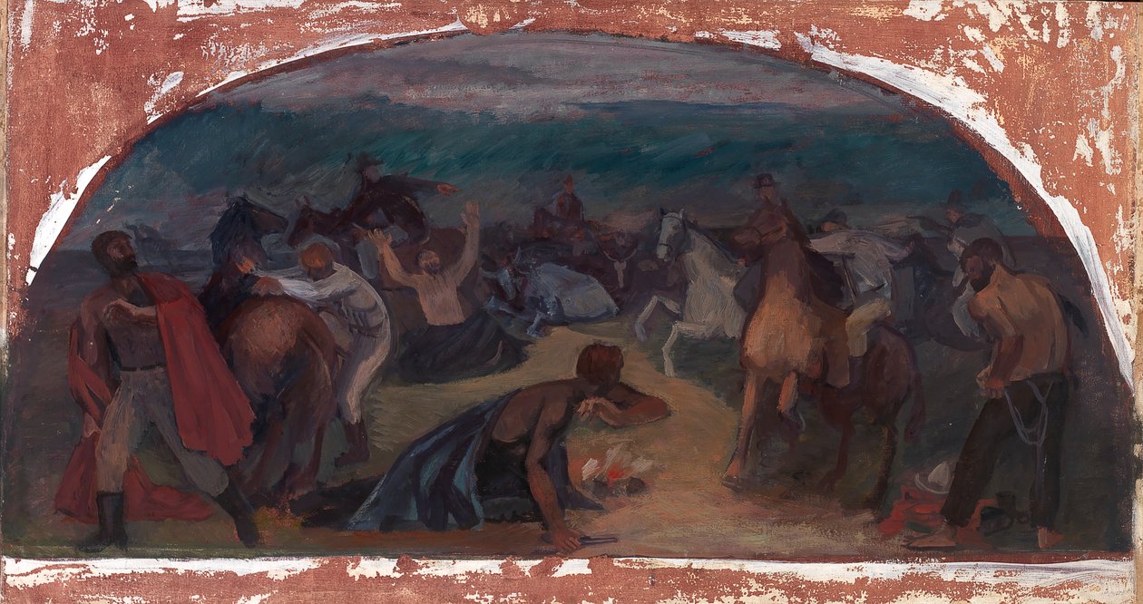 Veestelers verrast door posse muurschildering studie, Burns, Oregon Post Office, 1941 door Jack Wilkinson