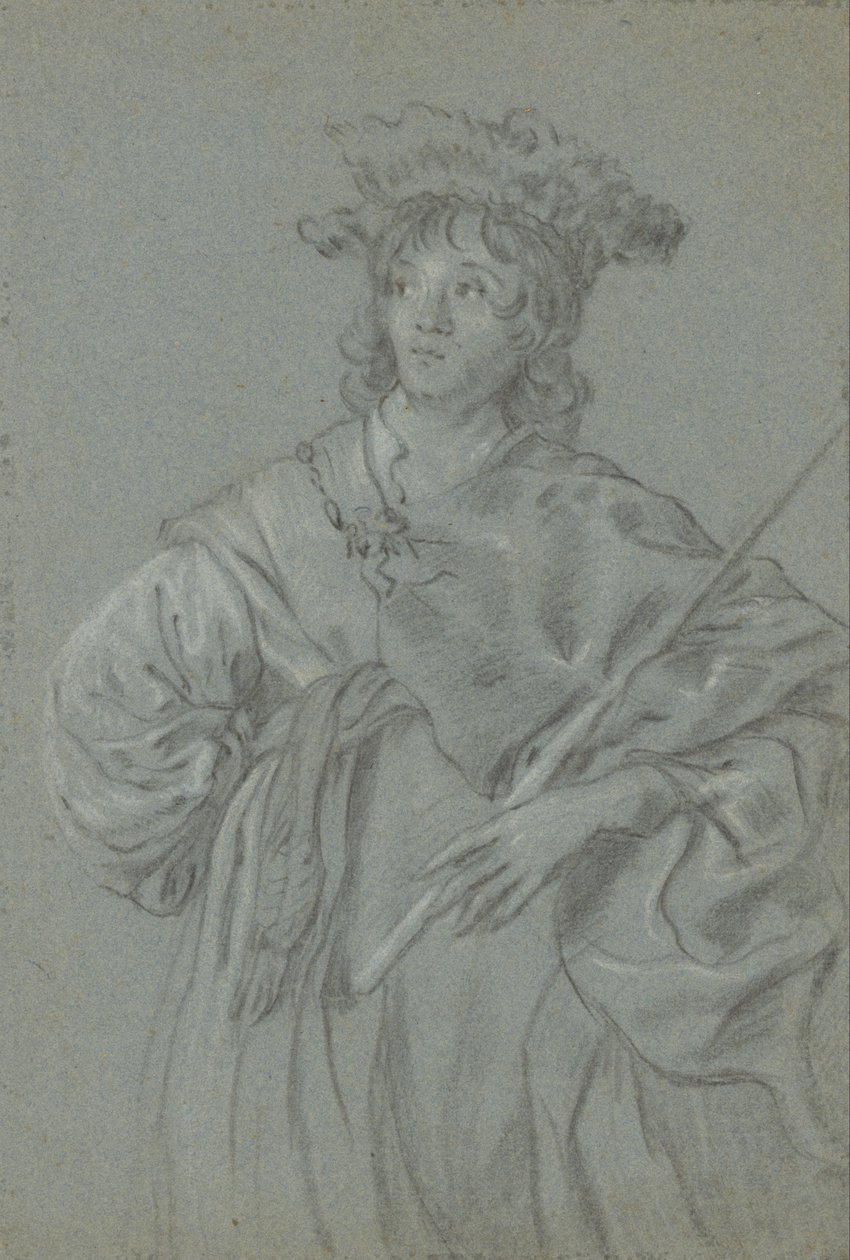 Een Jonge Man met een Bontmuts die een Staf Vasthoudt (recto); Studie van het Hoofd van een Man met een Witte Kraag (detail) door Jacob Adriaensz Backer