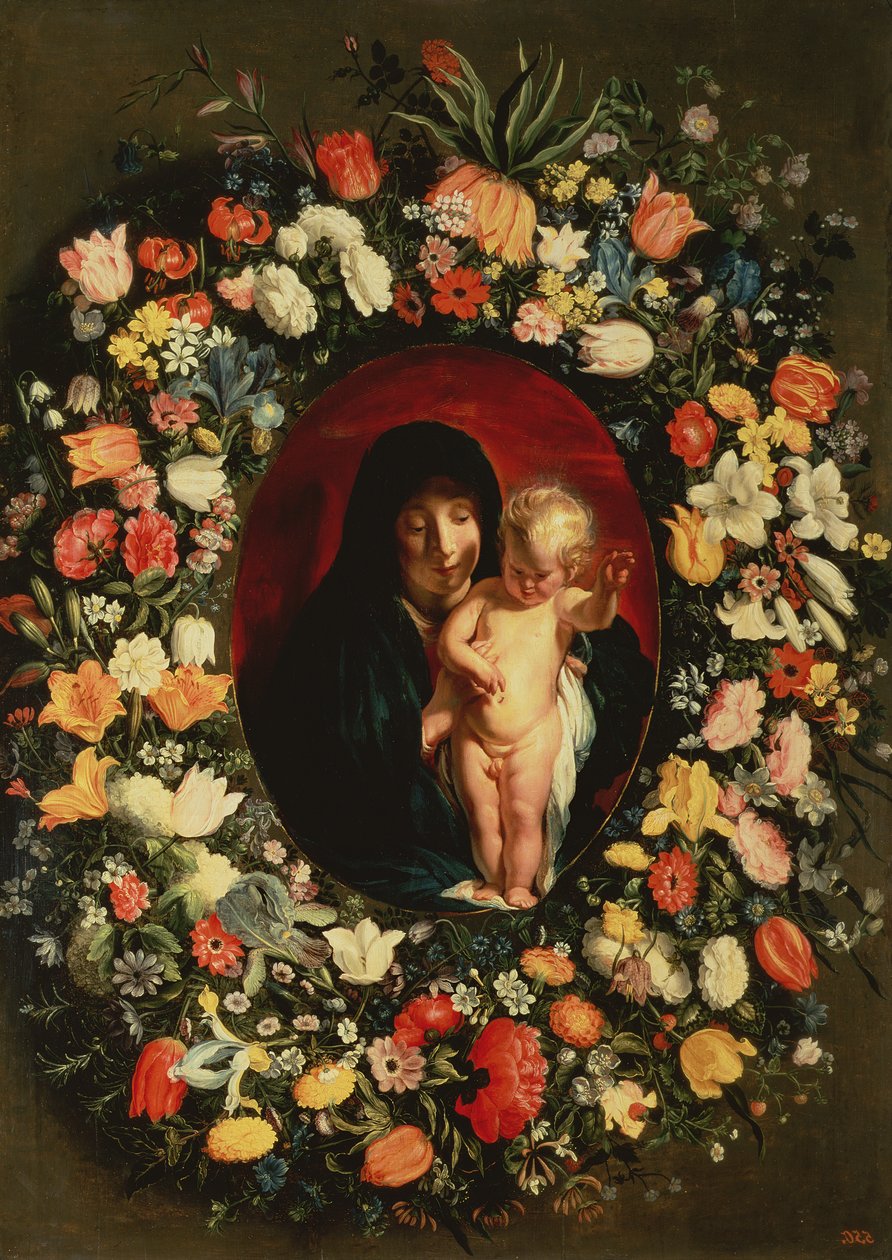 Madonna en Kind omringd met bloemen, c.1618 door Jacob Jordaens