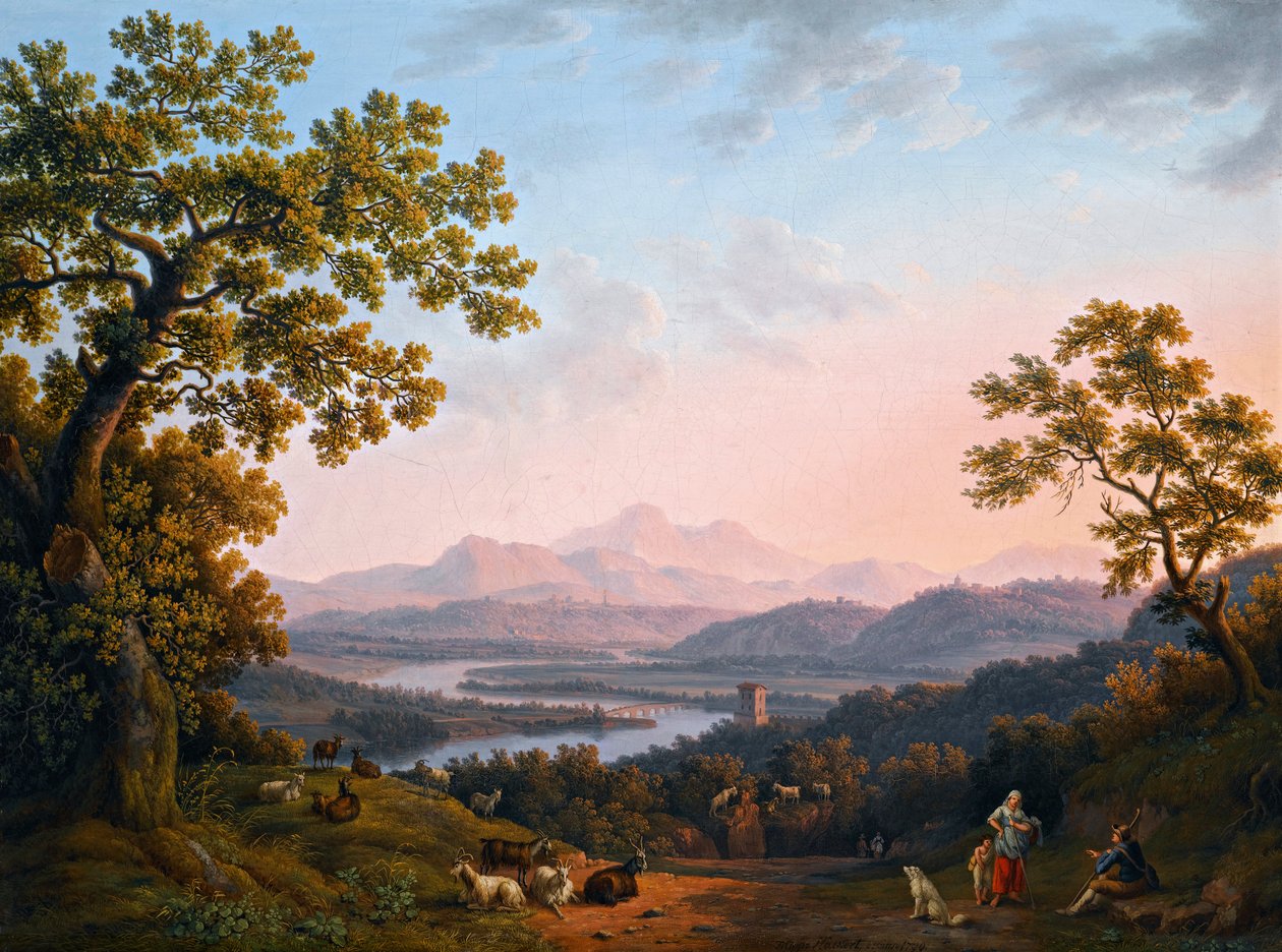 Uitzicht op het Tiberdal met de Sabijnse Bergen door Jacob Philipp Hackert