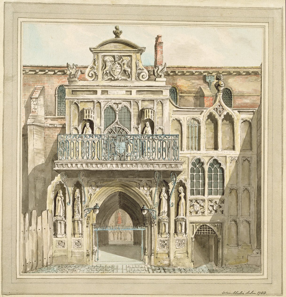 De oude gevel van de Guildhall, City of London, 1788 door Jacob Schnebbelie