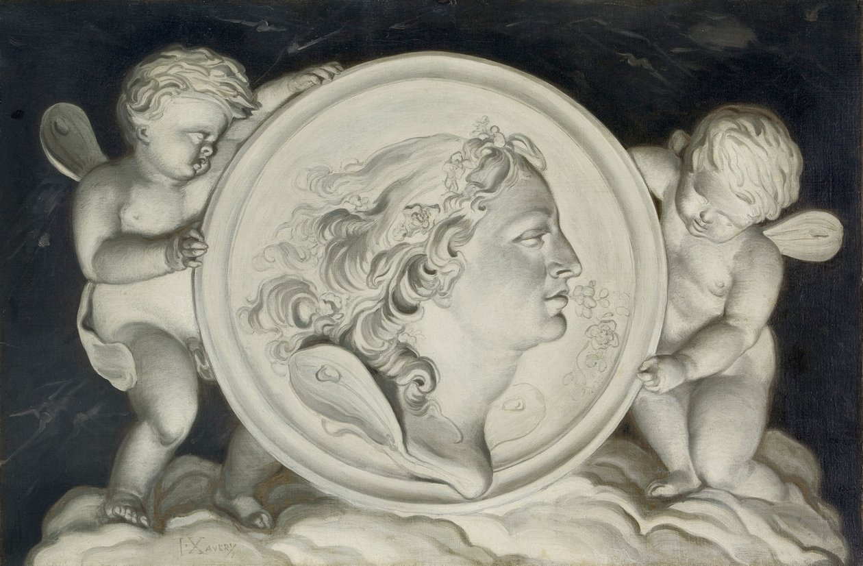 Zephyr in een geschilderde rondel ondersteund door putti zwevend op wolken door Jacob Xavery