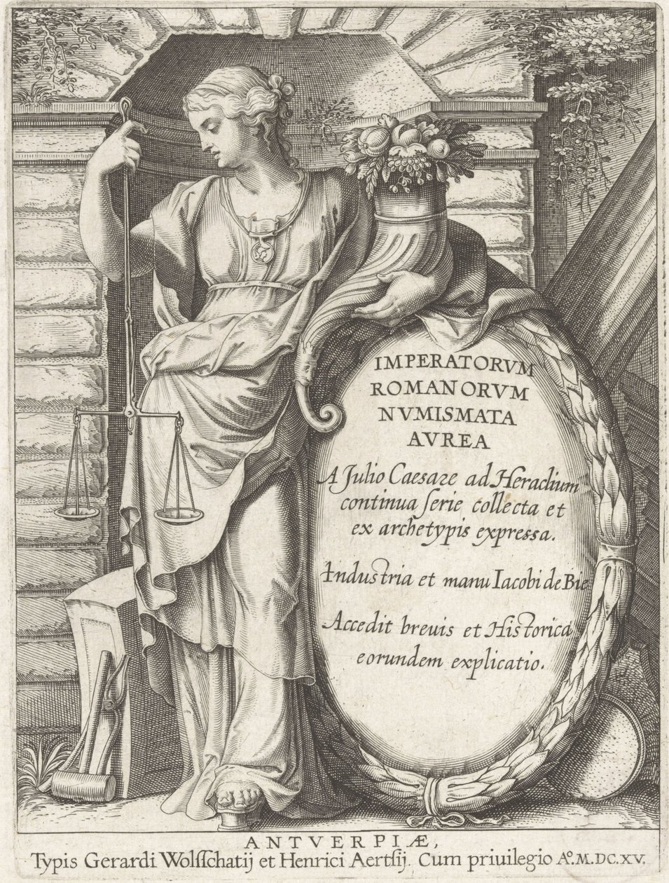 Frontispice van de Imperatorum Romanorum Numismata Aurea van Julius Caesar tot Heraclius door Jacob de Bie