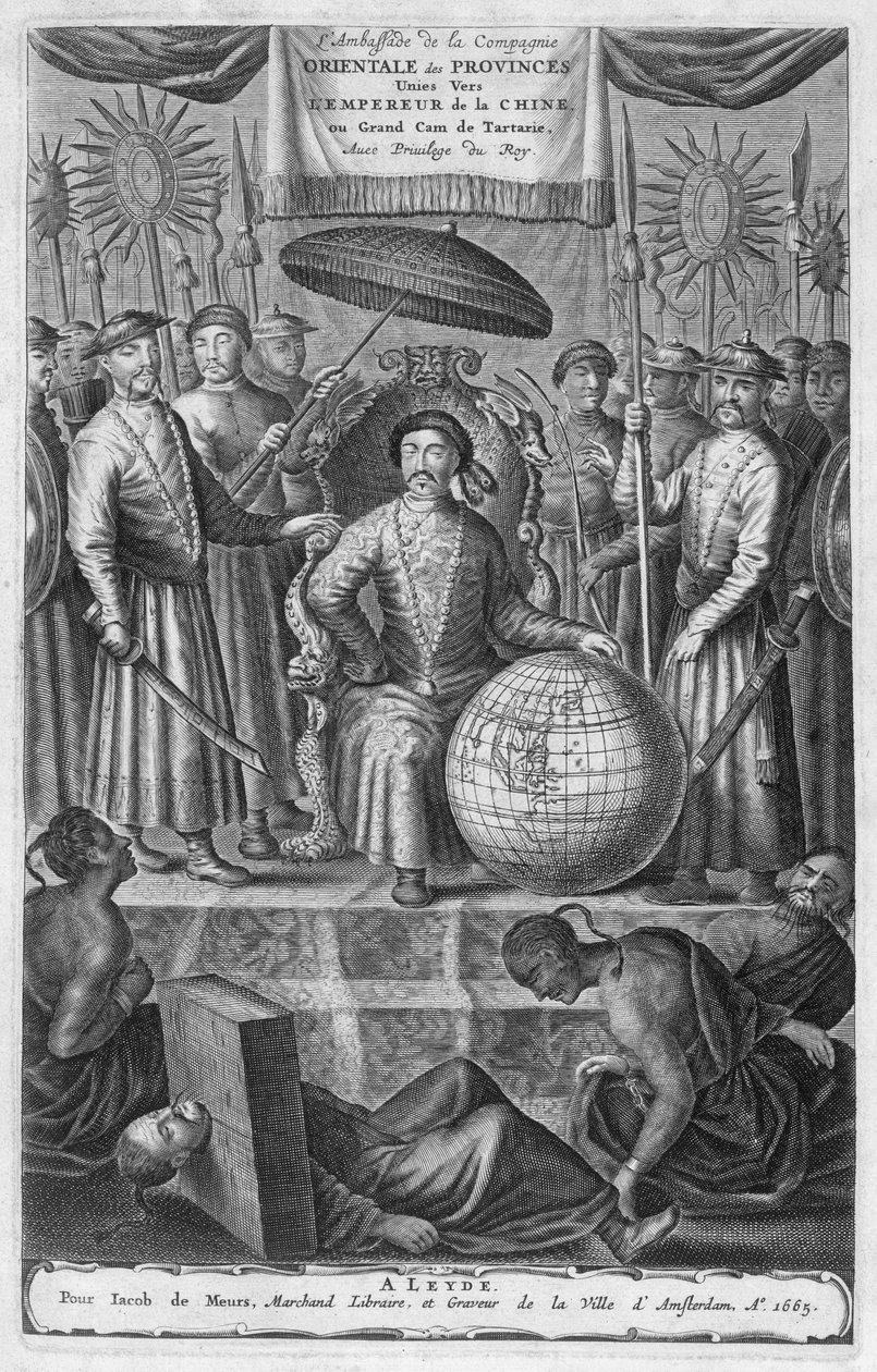 De keizer van China, frontispice van een verslag van een Nederlandse ambassade naar China, 1665 door Jacob van Meurs
