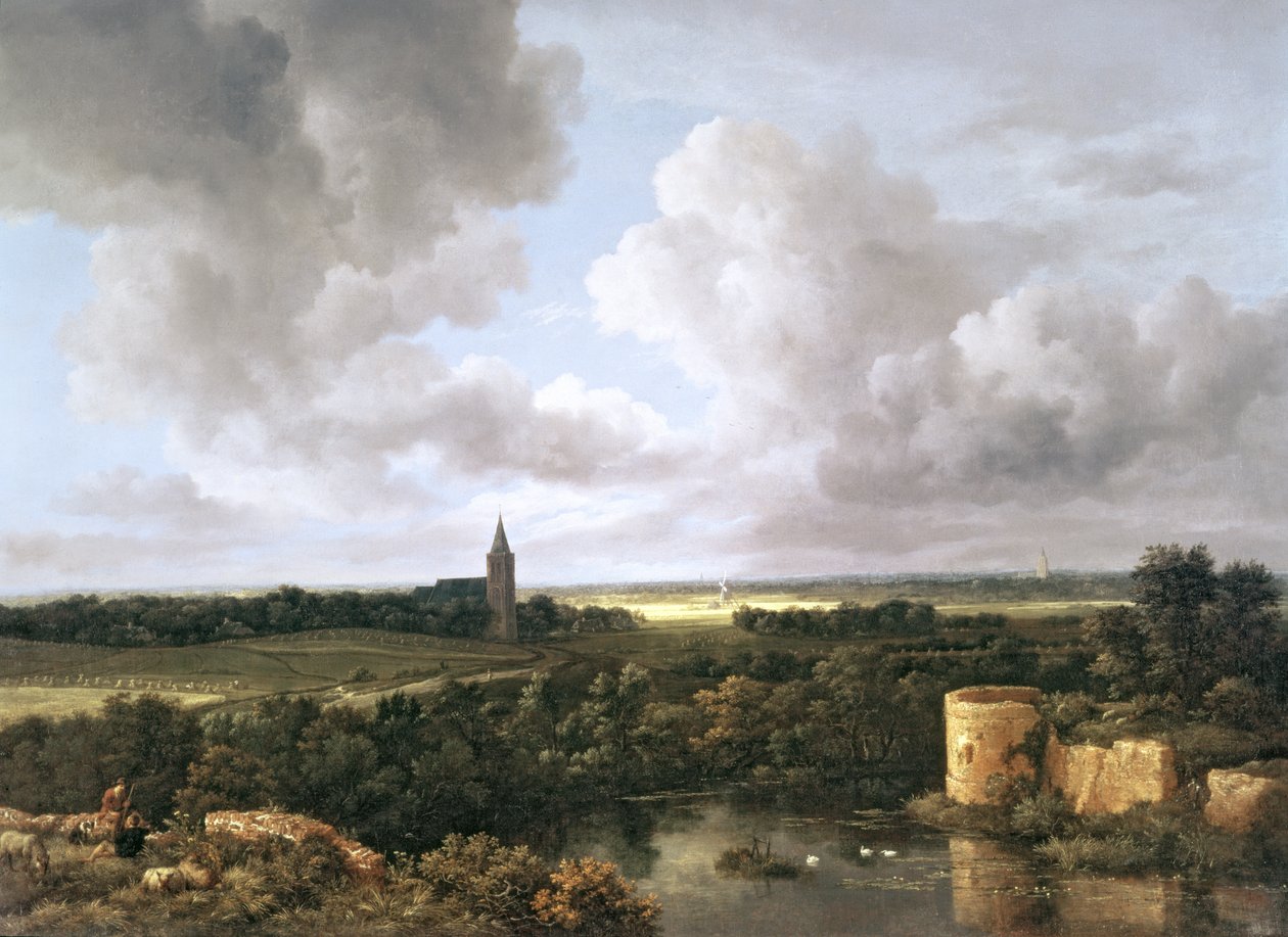 Landschap met verwoest kasteel en kerk, ca.1665-70 door Jacob van Ruisdael