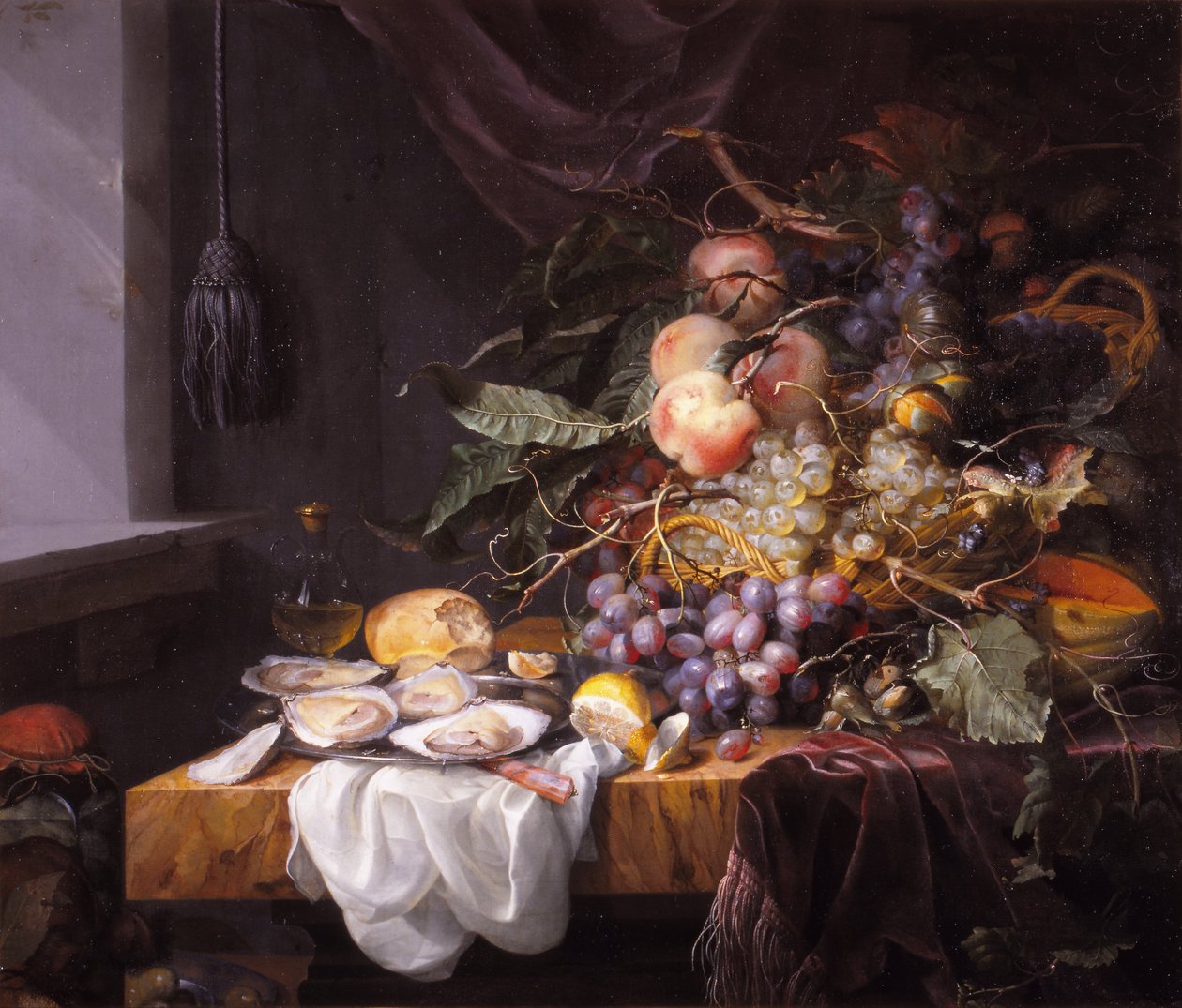 Stilleven met fruit en oesters door Jacob van Walscapelle