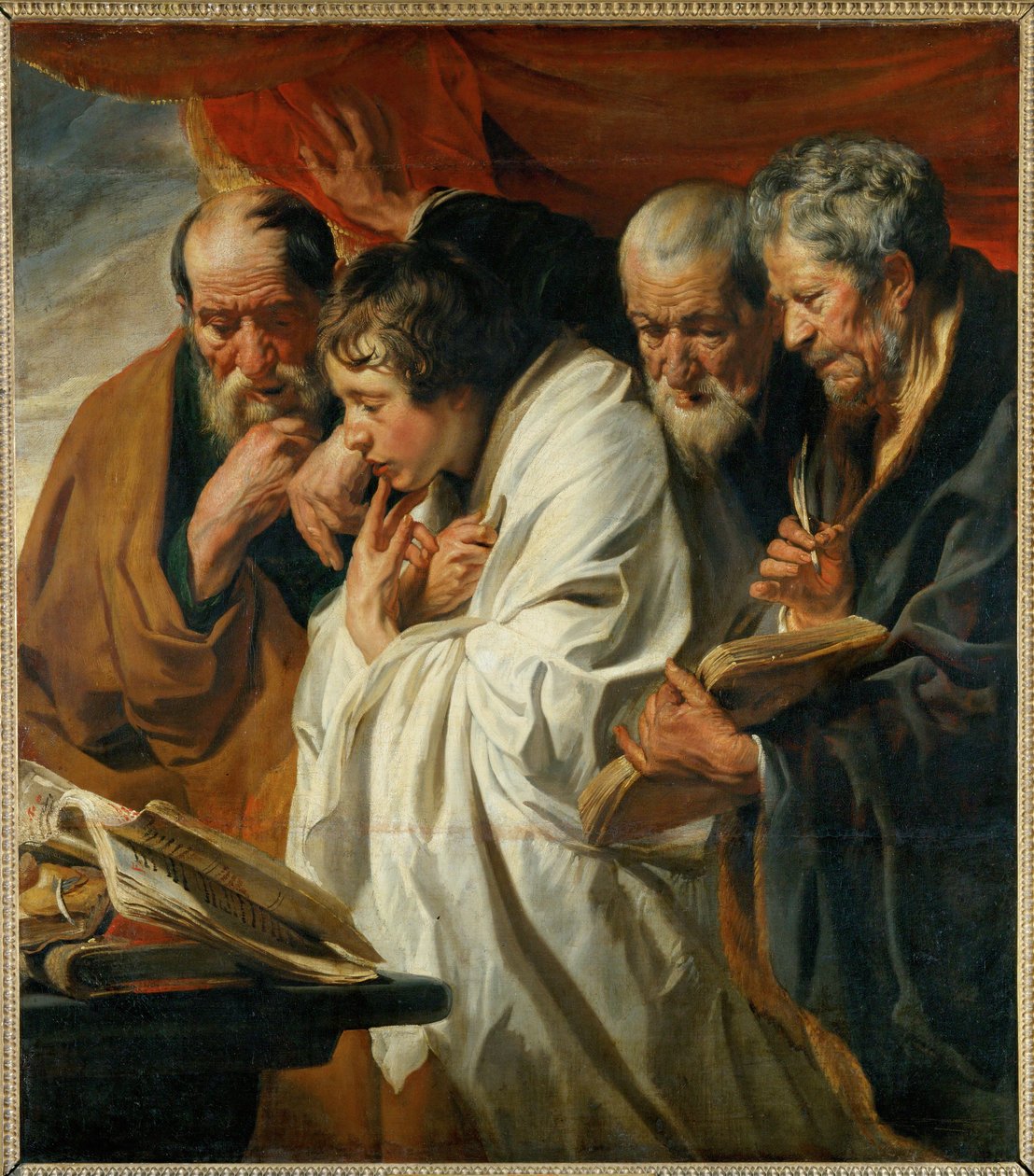 De vier evangelisten Matteüs, Lucas, Marcus en Johannes ... door Jacob (studio of) Jordaens