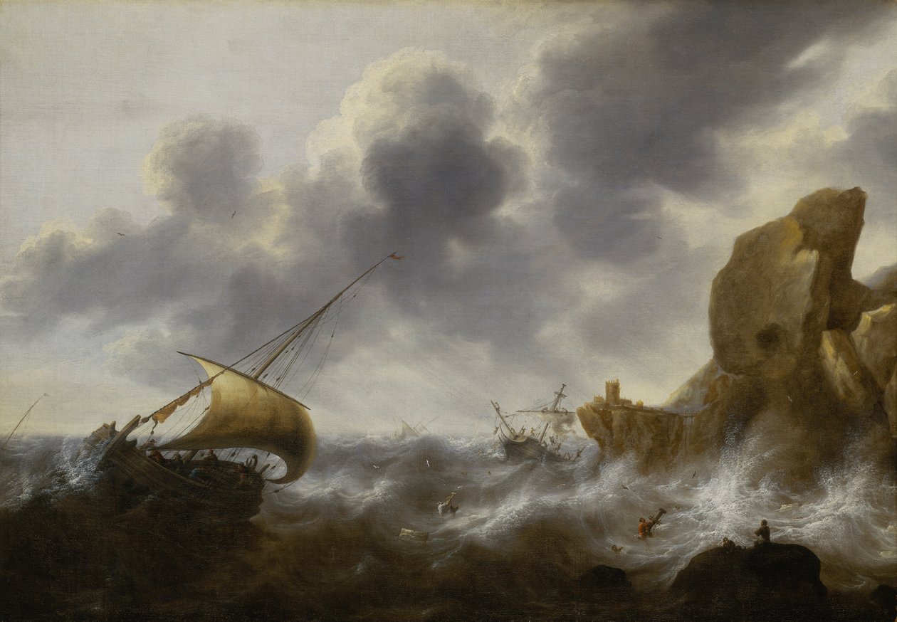 Een vissersboot voor een rotsachtige kust in een storm met een wrak, ca. 1664-65 door Jacob Adriaensz. Bellevois