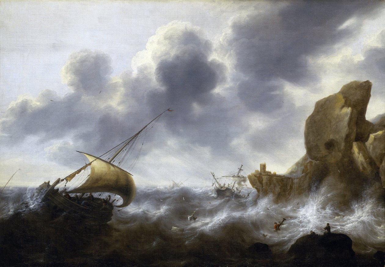 Een vissersboot gevangen in een storm nabij een rotsachtige kust, met een schipbreuk, door Jacob Adriaensz Bellevois door Jacob Adriaensz. Bellevois