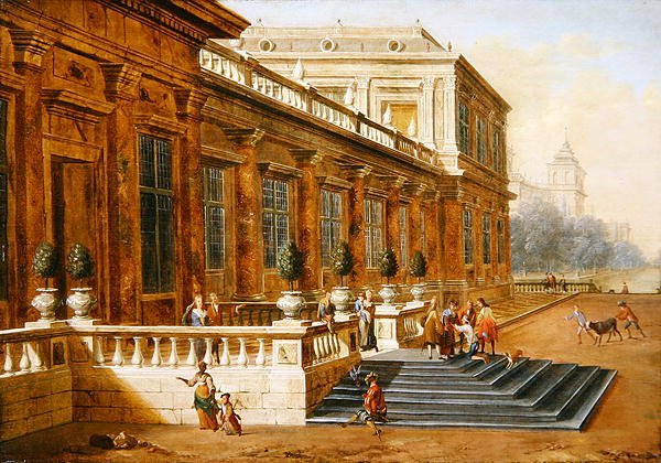 De terugkeer van de verloren zoon op de trappen van een klassiek paleis door Jacob Balthasar Peeters