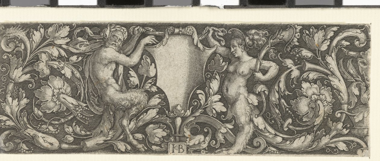 Fries met een schild gedragen door een mannelijke en een vrouwelijke satyr door Jacob Binck (signed by artist)
