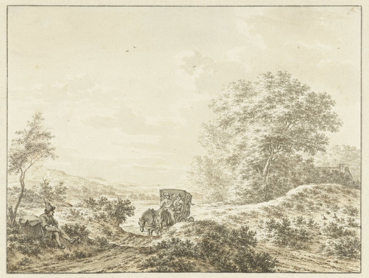 Heuvelachtig landschap met reiswagen door Jacob  Cats