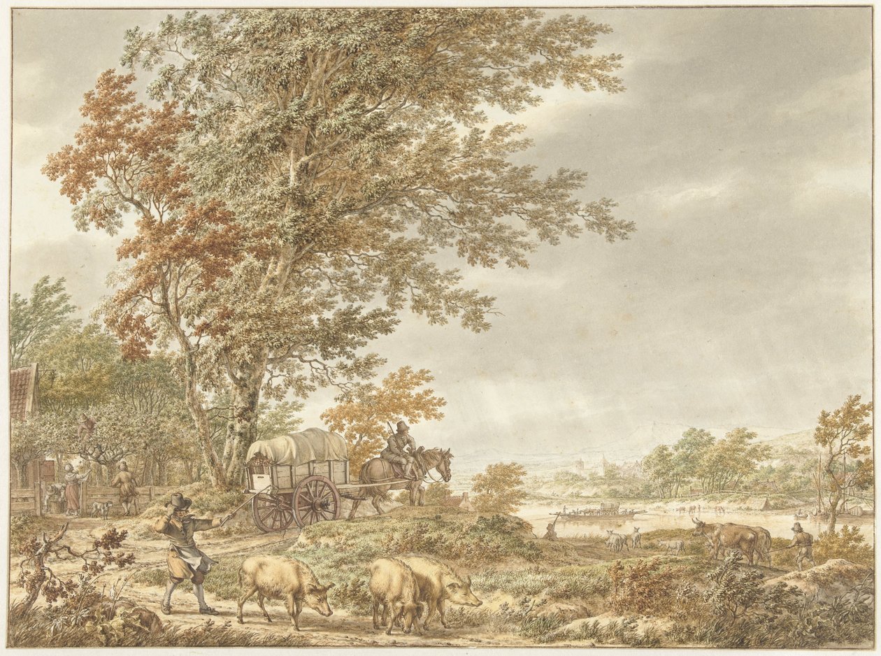 Heuvellandschap met varkenshoeder en andere stoffage, een rivier in de verte door Jacob  Cats