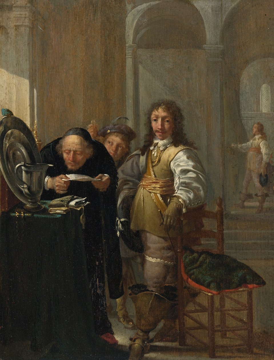 Een cavalier die zijn goederen verkoopt, met een oude man die een document leest en een jonge jongen die een muntstuk vasthoudt door Jacob Duck