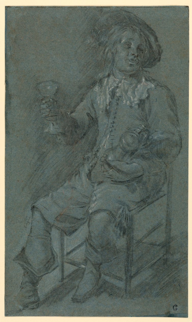 Tekening, zittende cavalier met wijnglas, 1650-60 door Jacob Duck