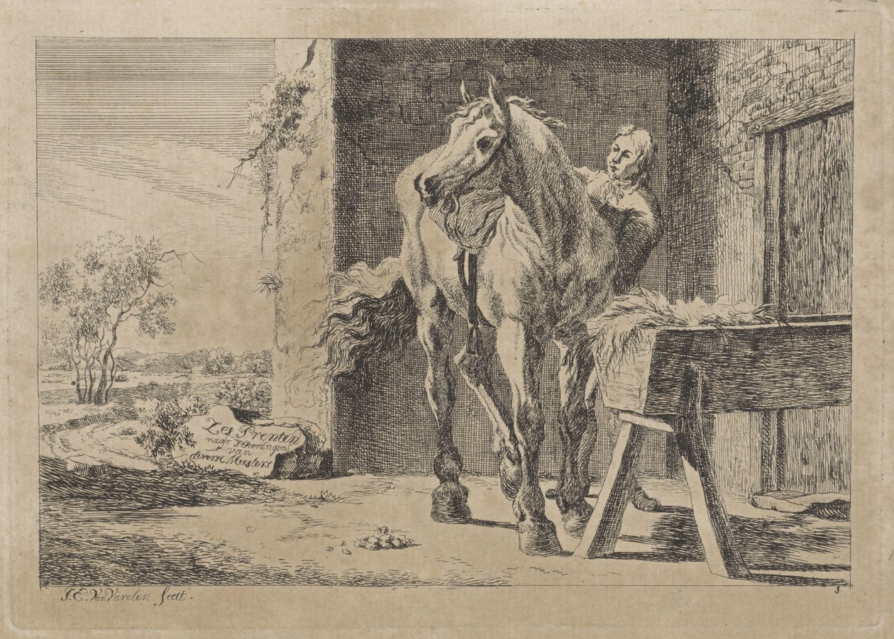 Figuur met een paard bij een voederbak door Jacob Elias van Varelen