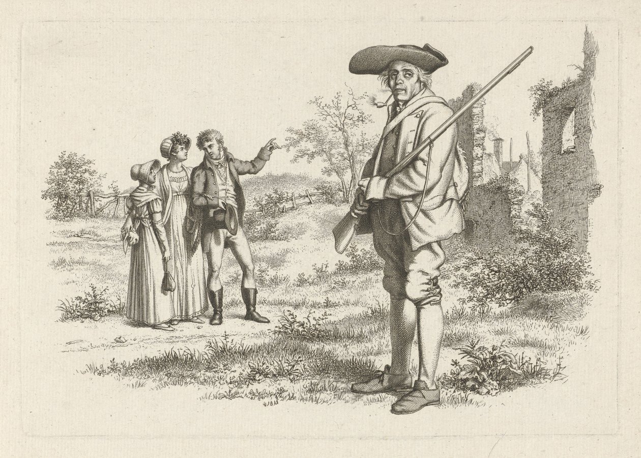 Jager en een gezelschap bij een ruïne (Studie-prentwerk / Etudes gravées) door Jacob Ernst Marcus