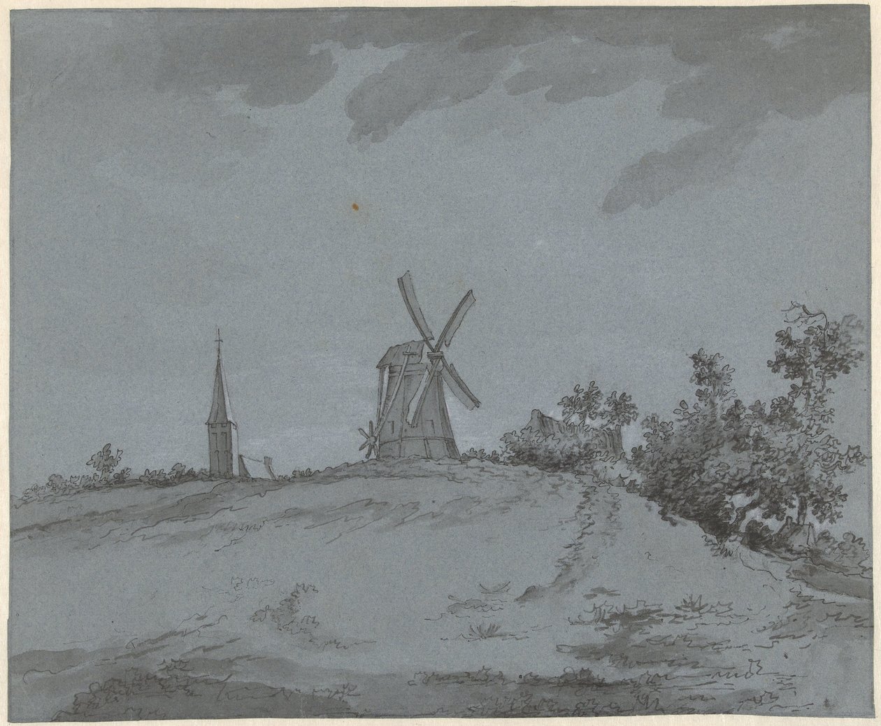 Landschap met windmolen en kerk op een heuvel door Jacob Ernst Marcus