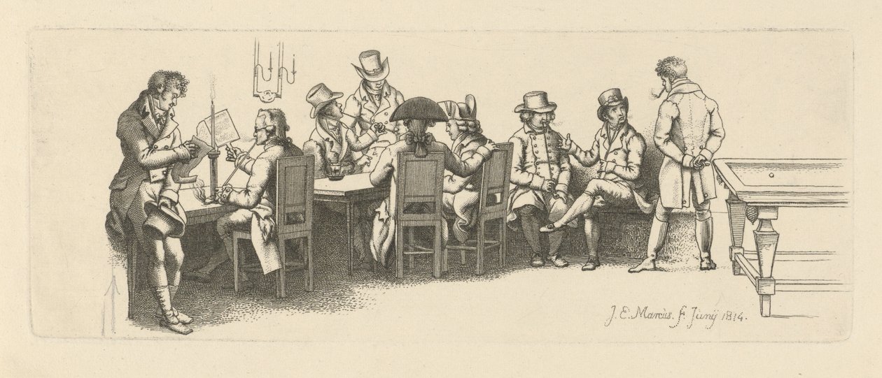 Mannen in een koffiehuis met een biljartkamer door Jacob Ernst Marcus