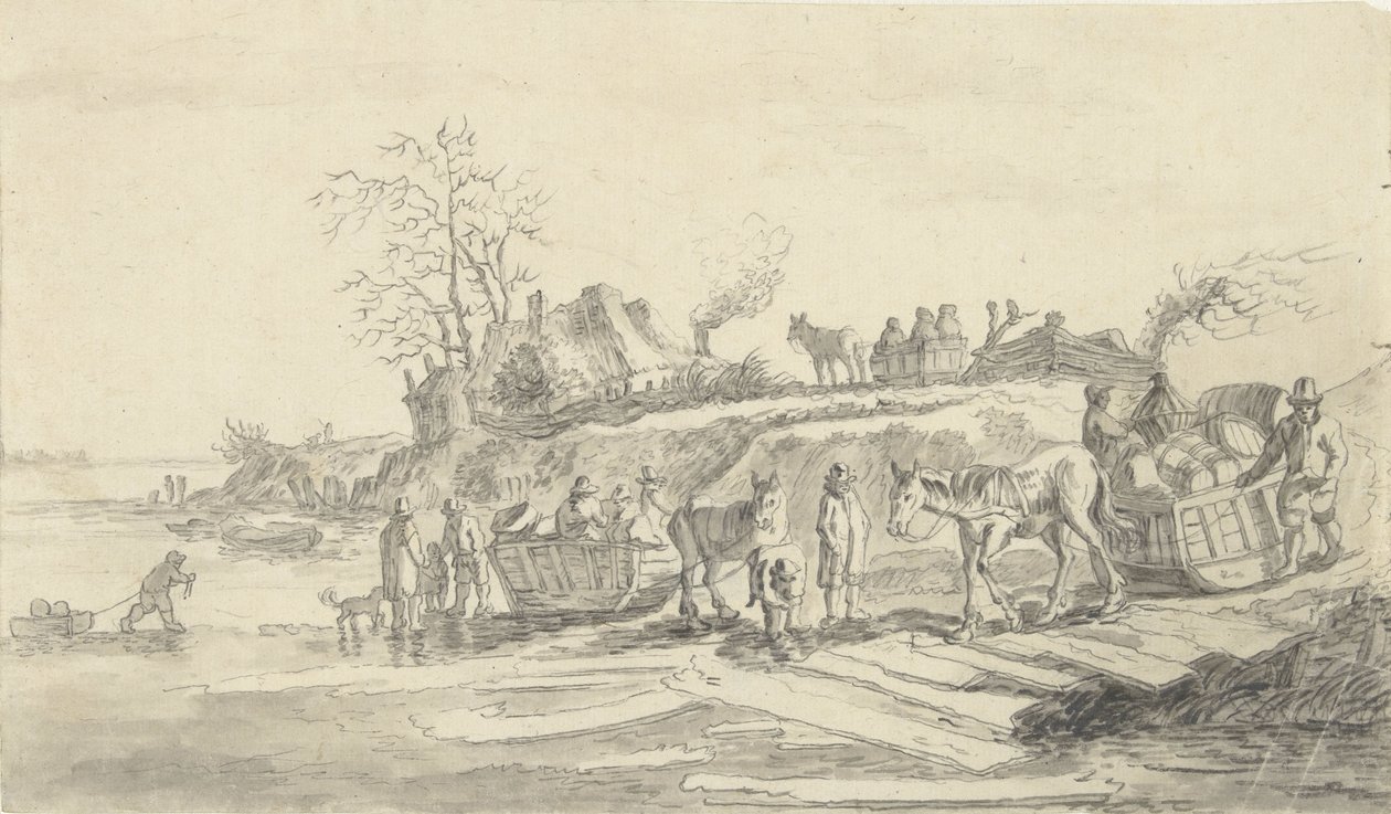 Sleden bij de oever van een bevroren rivier door Jacob Ernst Marcus