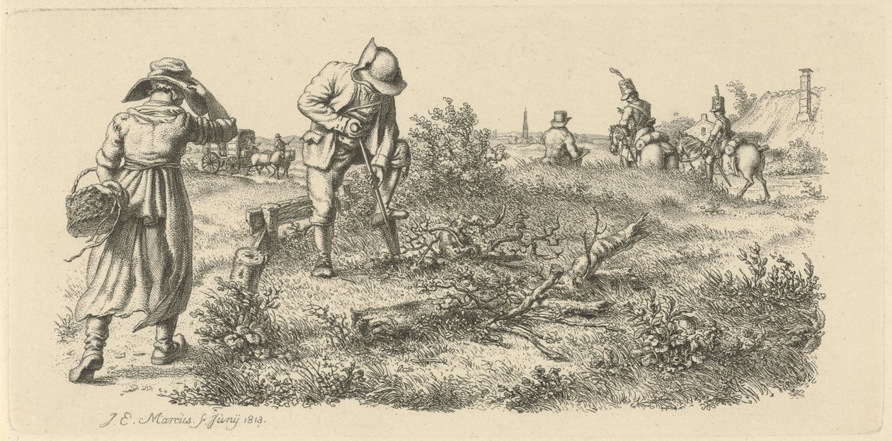 Spittende man, een vrouw met een mand en soldaten te paard door Jacob Ernst Marcus