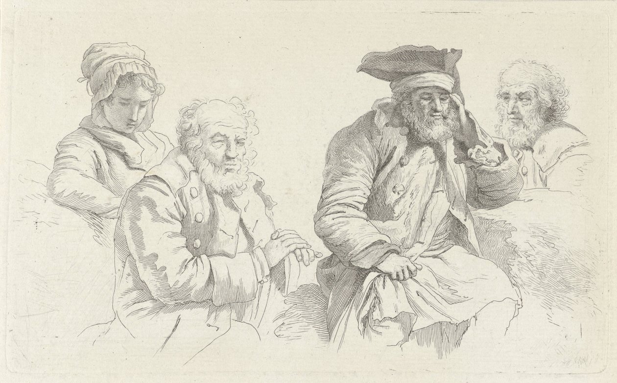 Studieblad met drie oude mannen en een jonge vrouw door Jacob Ernst Marcus