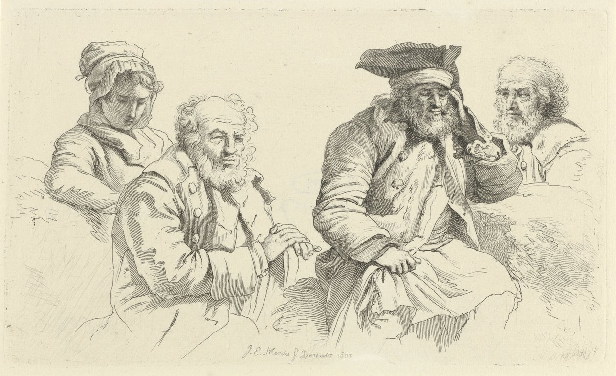 Studieblad met drie oude mannen en een jonge vrouw door Jacob Ernst Marcus