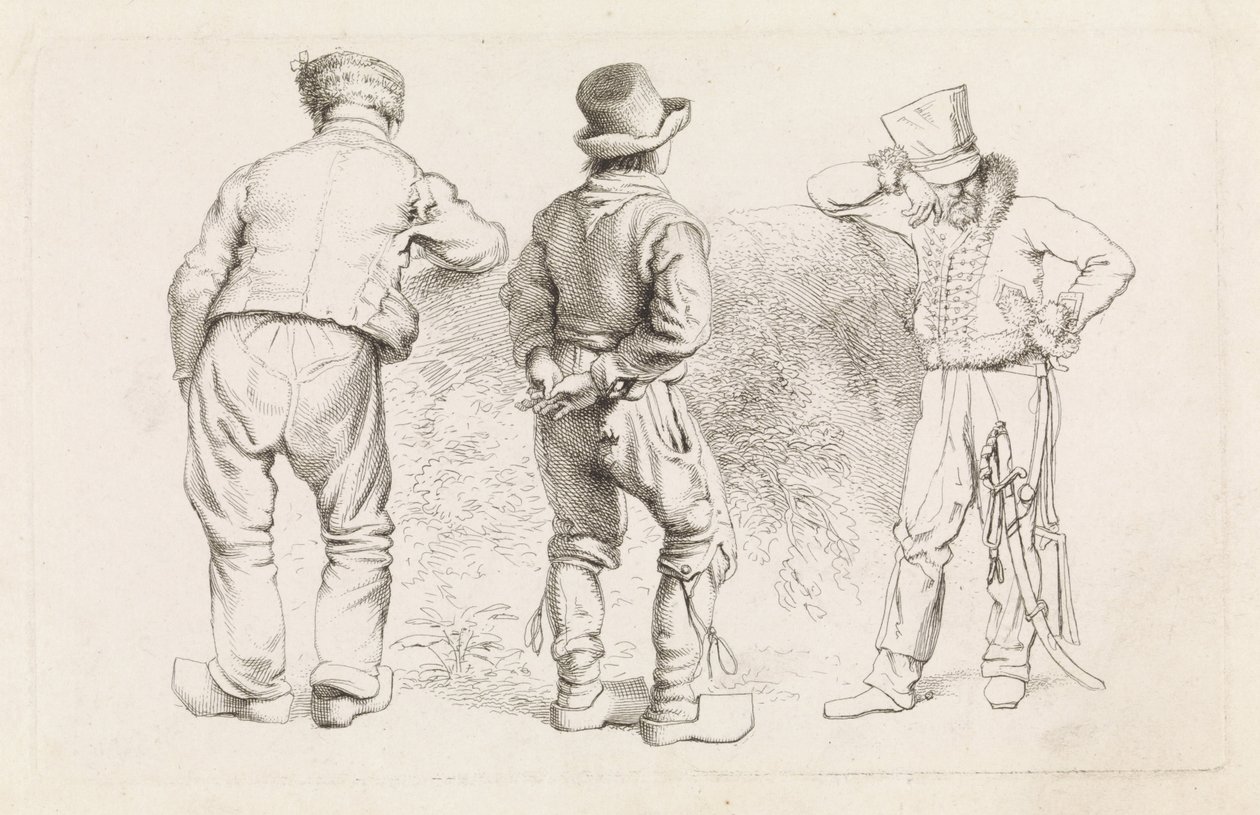 Studieblad met drie staande figuren door Jacob Ernst Marcus