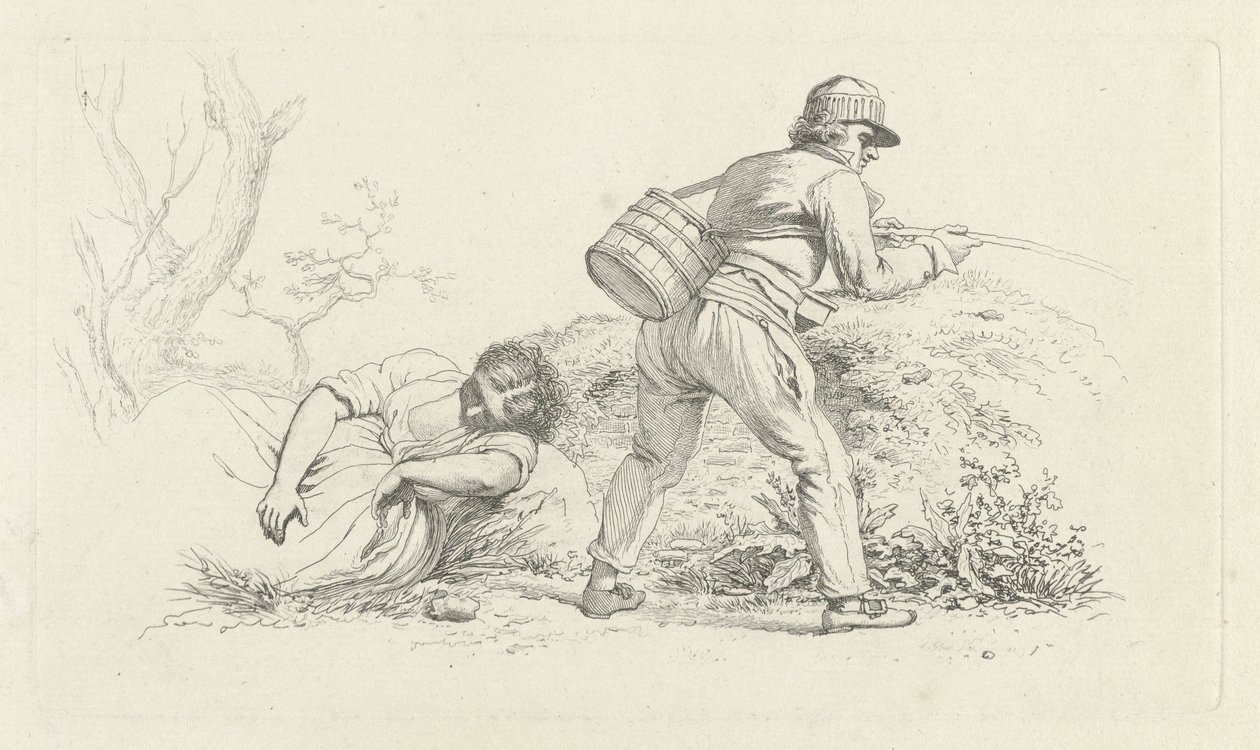 Studieblad met een slapende vrouw en een hengelaar door Jacob Ernst Marcus