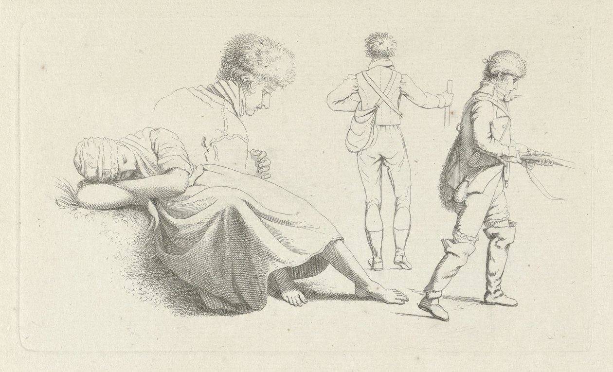 Studieblad met een slapende vrouw en een jager door Jacob Ernst Marcus