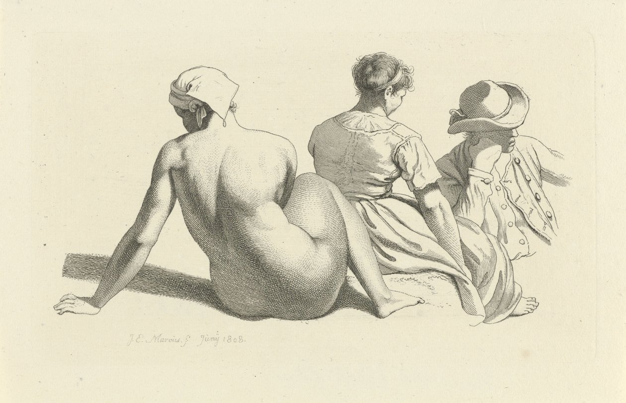Studieblad met een zittend naakt en twee figuren door Jacob Ernst Marcus