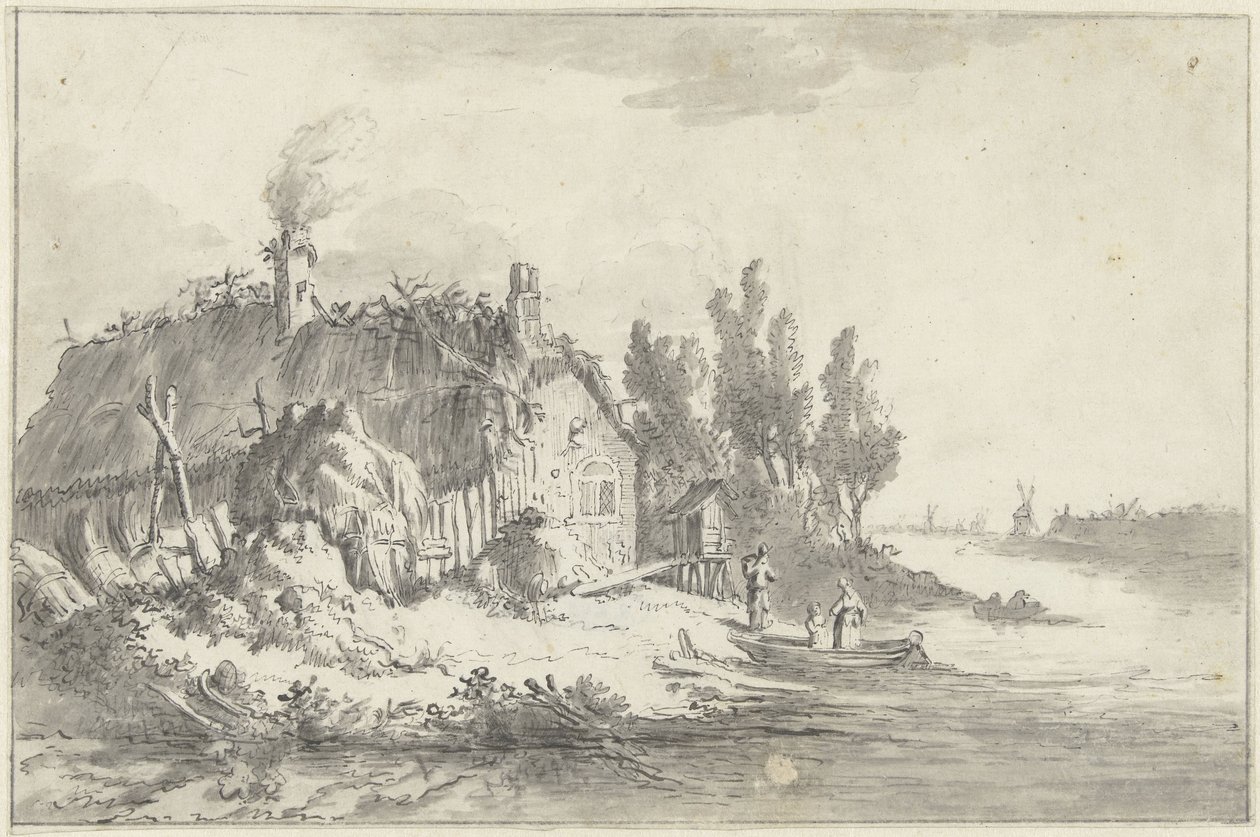 Vervallen boerenhuis aan een rivier door Jacob Ernst Marcus