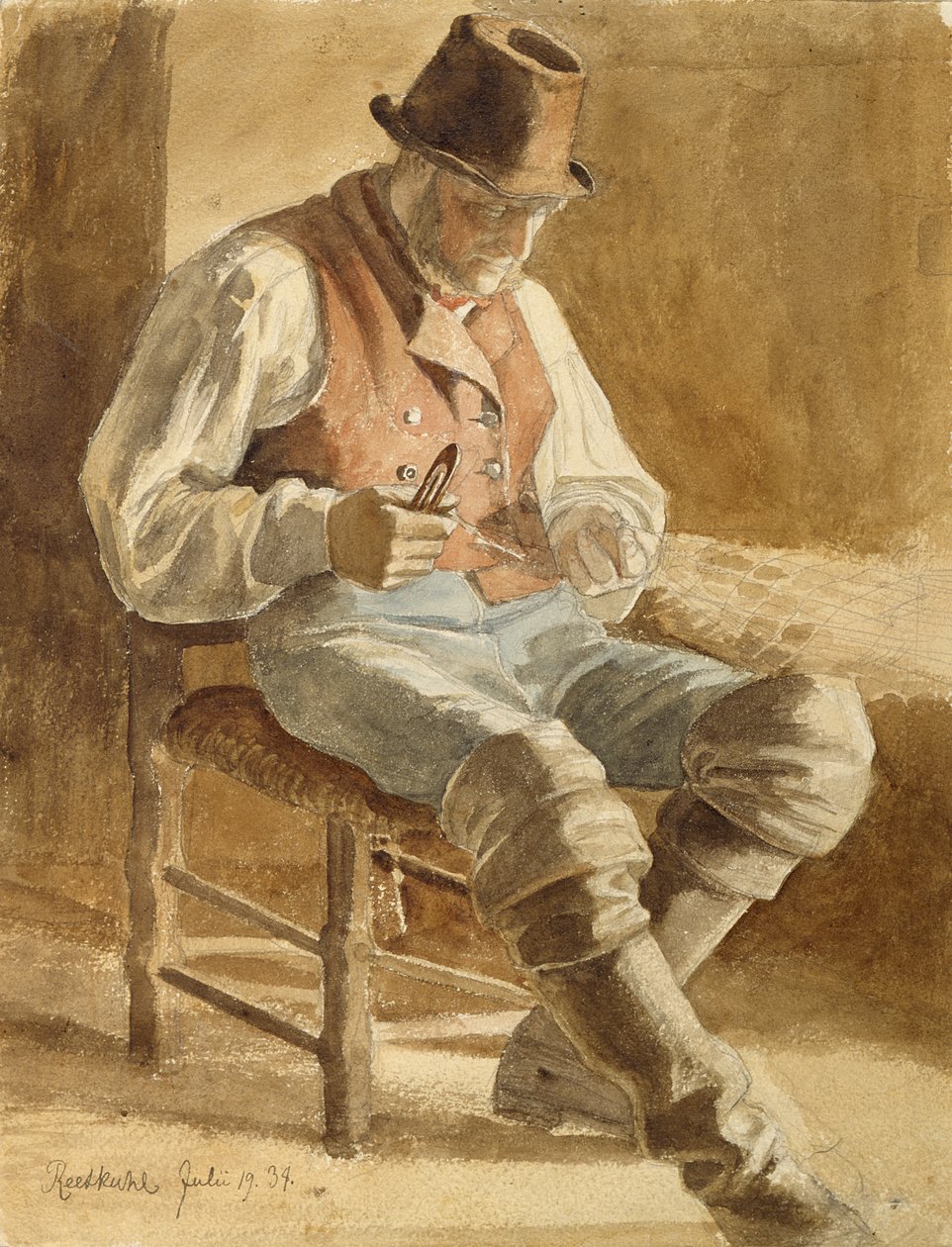 Visser die een Net Repareert, 1834 door Jacob Gensler