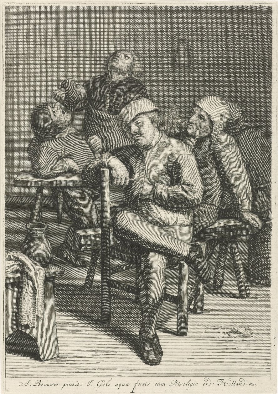 Herbergscène met rokende boeren door Jacob Gole