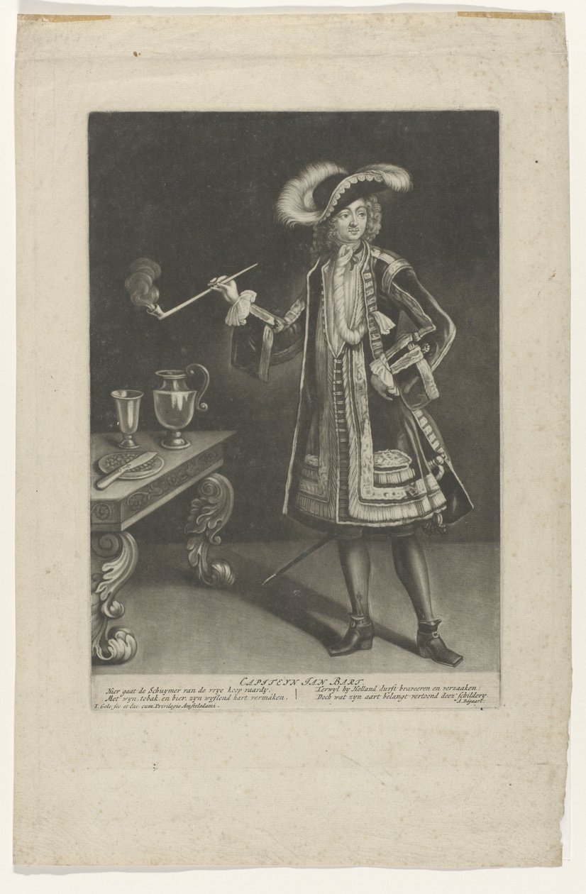 Portret kapitein Jan Bart, staand met pijp door Jacob Gole