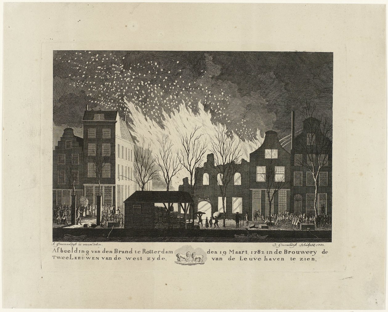 Brand in de brouwerij De Twee Leeuwen te Rotterdam, 1782 door Jacob Groenendijk