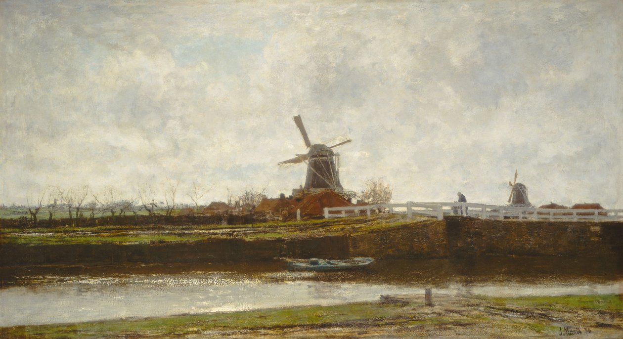 Uitzicht op de molen en brug aan de Noordwest Buitensingel in Den Haag (1873) door Jacob Henricus Maris