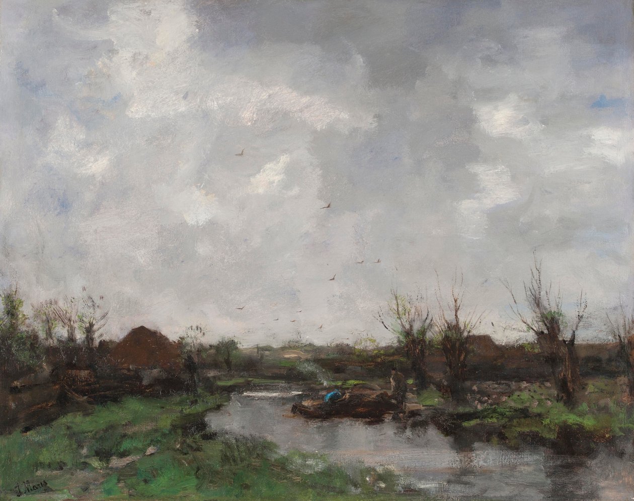 Een rivierlandschap met boerderijen, eind jaren 1870 door Jacob Henricus or Hendricus Maris