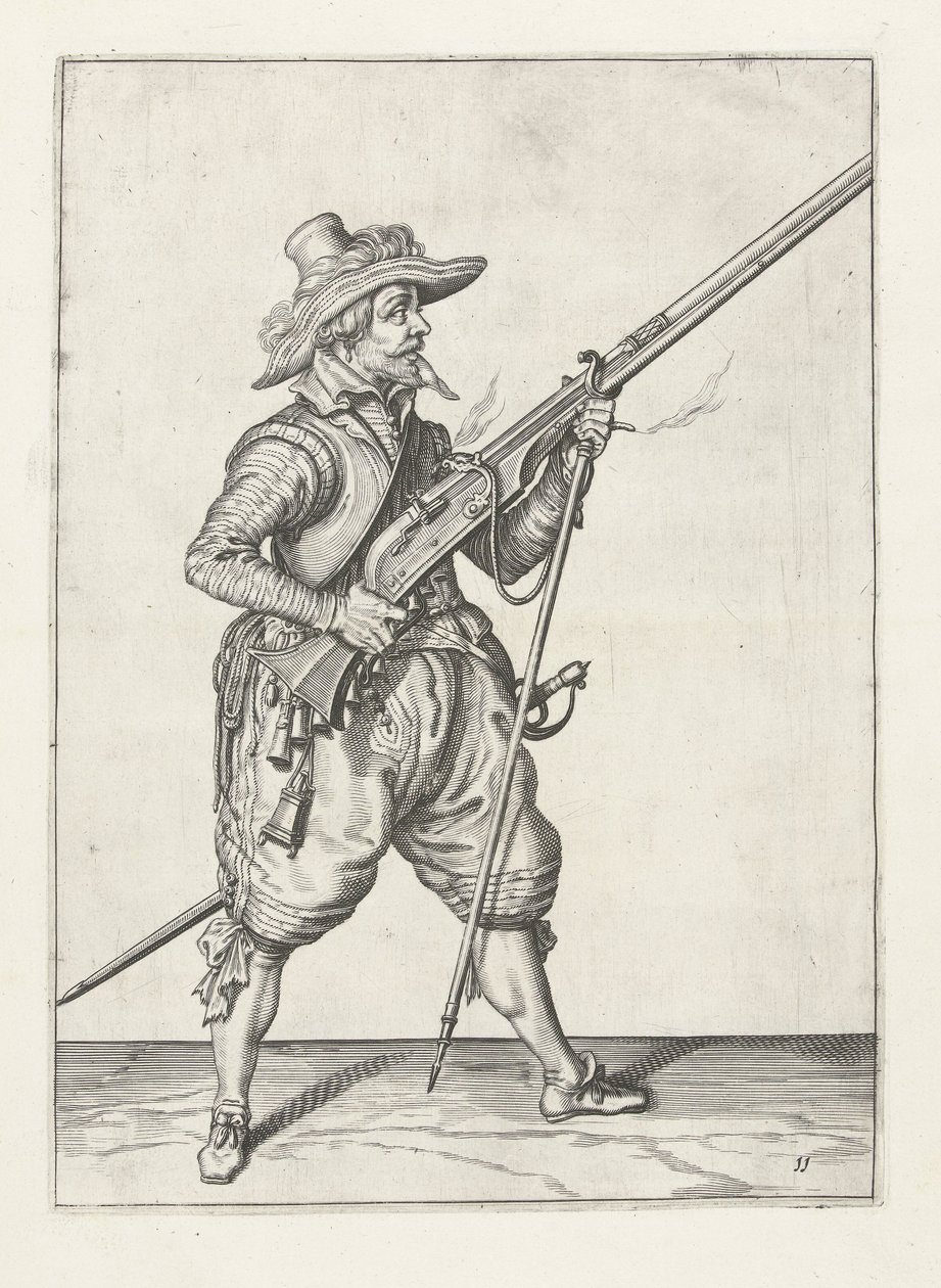 Musketier plaatst zijn furket eronder, ca. 1600 door Jacob II de Gheyn