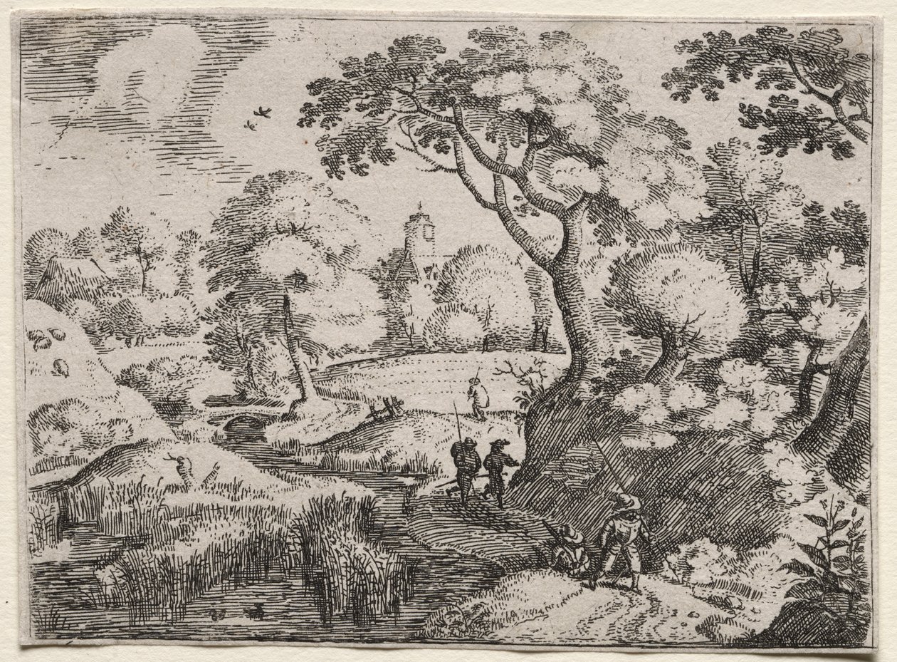Zes landschappen: Pad tussen moeras en beboste oever door Jacob I Savery