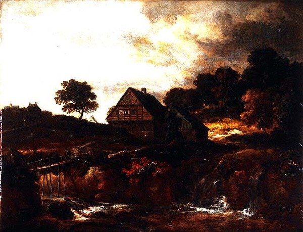 Boslandschap met boer op een brug over een stroom door Jacob I. van (follower of) Ruisdael