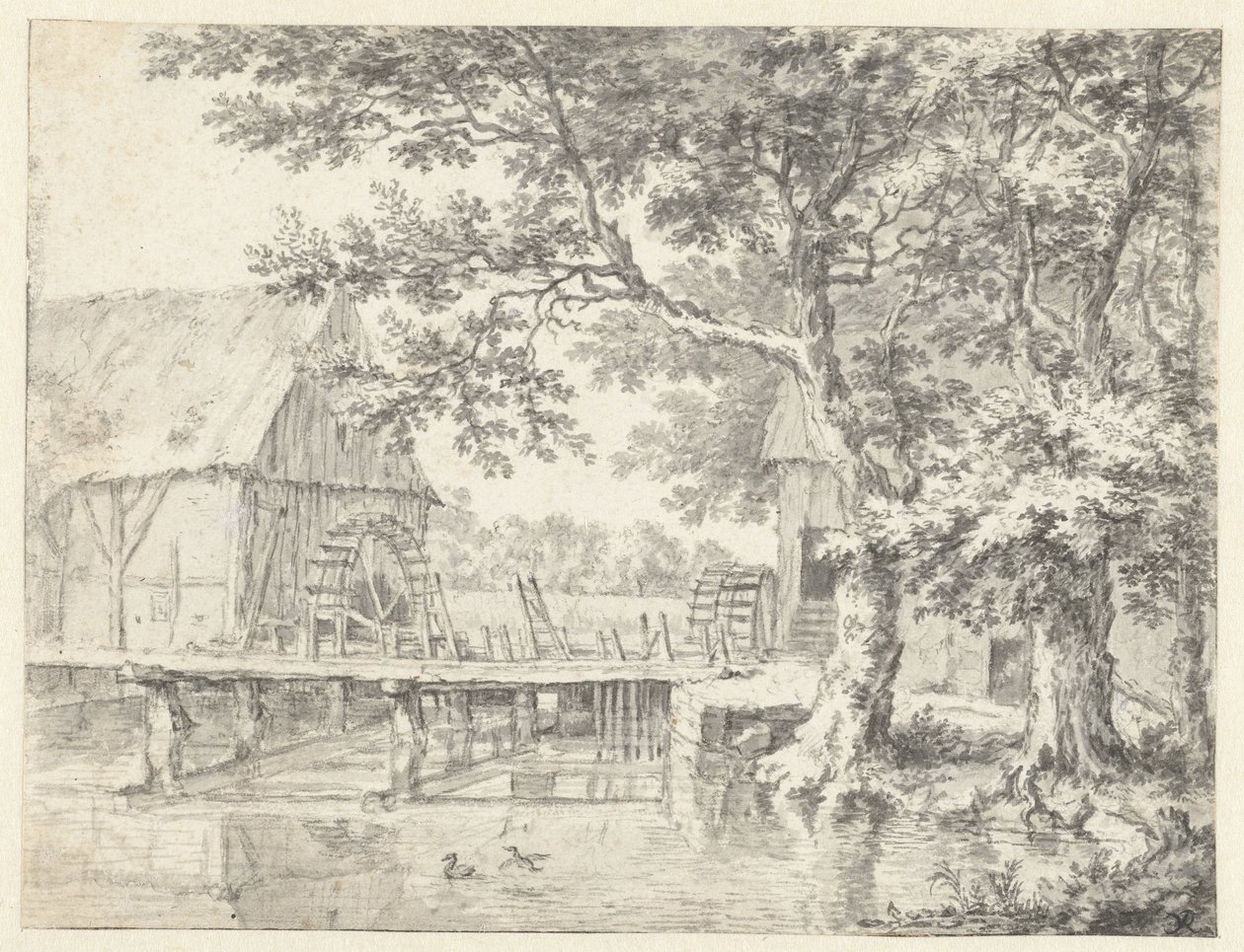 Gezicht op twee watermolens aan weerszijden van een sluis door Jacob van Ruisdael